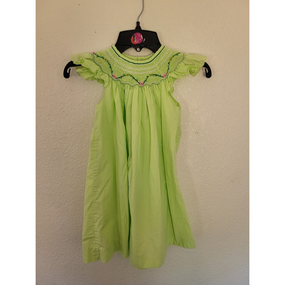 Mom & Me Girls 24M Lime Green Smocked Floral Embroidered Cotton Flutter Dress #4